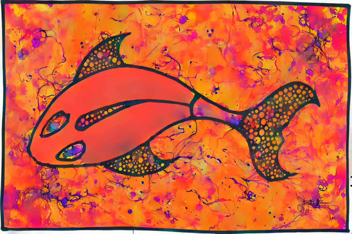 Hand-drawn fish drawing manipulated with Stable Diffusion to add watercolor effects