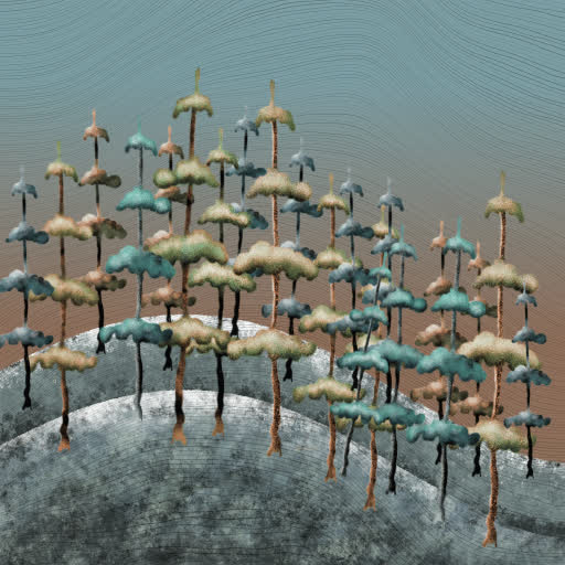 Original hand-drawn landscape image manipulated with AI to add watercolor effect