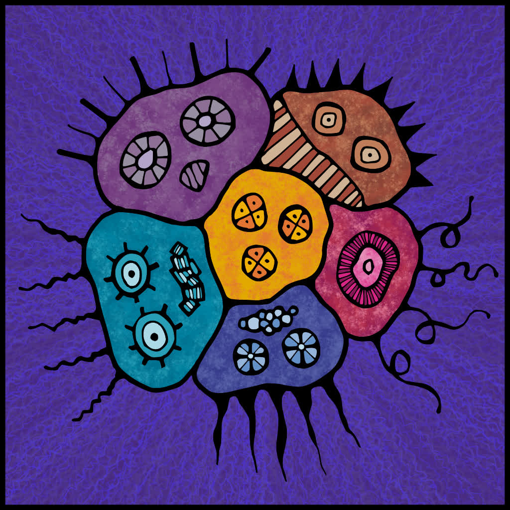 Hand-drawn abstract symbolic faces in a circle