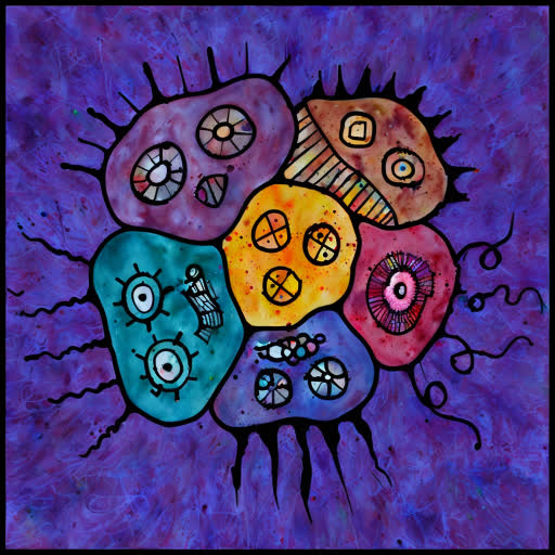 Hand-drawn abstract symbolic faces in a circle with AI watercolor effect